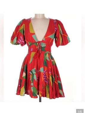 House of Harlow Red Floral Tie-Front Puff Sleeve Mini Dress